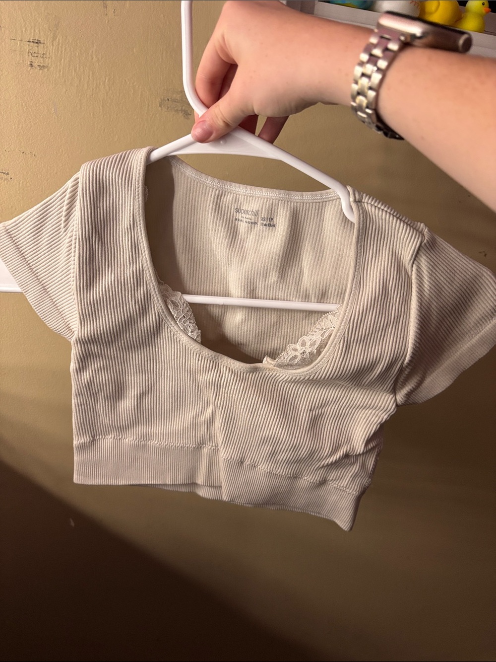 Aria Cream Ribbed Scoop Crop Top with Lace Trim